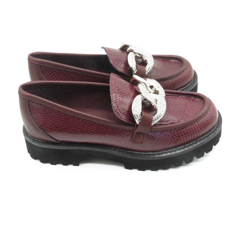 Karl Lagerfeld Womens Burgundy Snake Print Loafers W/ Silver Chain Detail 9.5M
